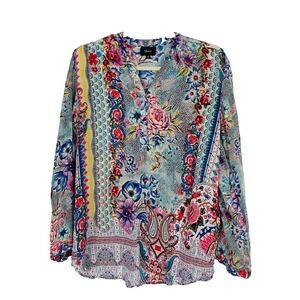 Shana Womens Silk Blend Top Floral Boho Artsy Colorful Festival Casual Size S